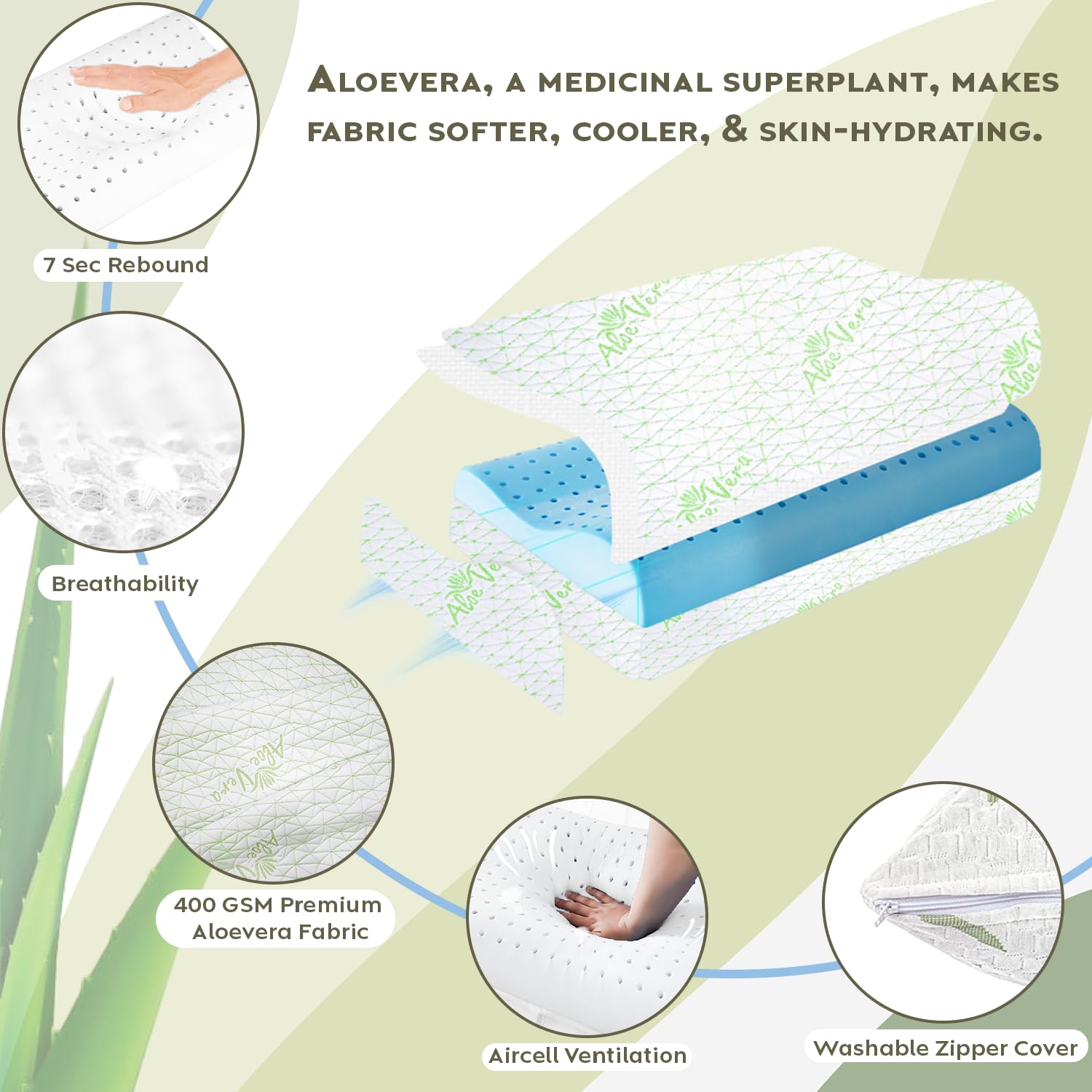 Aloevera Memory Foam Pillow, Cervical Pillow For Neck & Shoulder Pain Relief, White | Contour Neck Orthopedic Pillow For Spinal Alignment Ergonomic Pillow, Removable Cover - Set Of 4