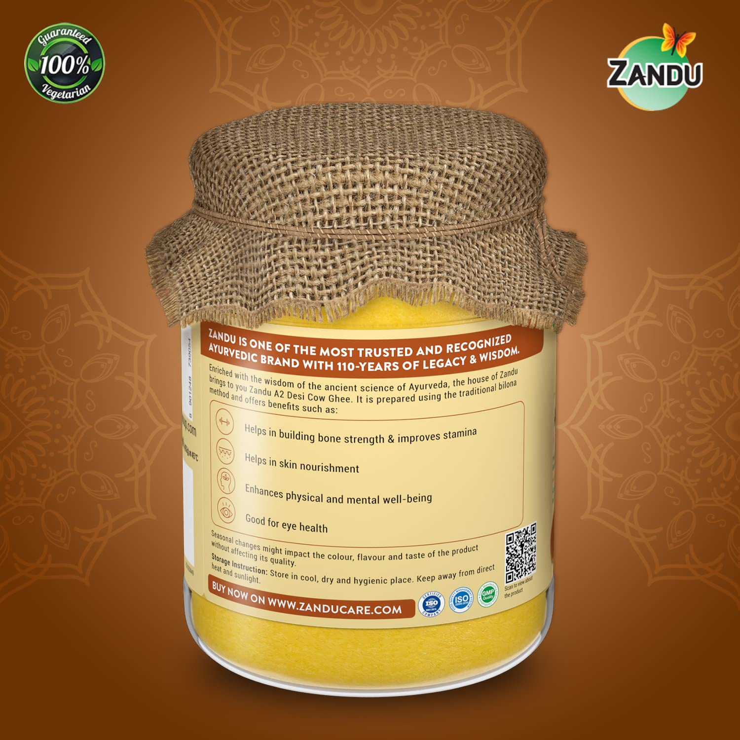 100% Pure A2 Desi Cow Ghee By Zandu | Healthy Desi Ghee Helps In Building Bone Strength & Improves Stamina | (500ml) 16.9 Ounce | Jar Pack