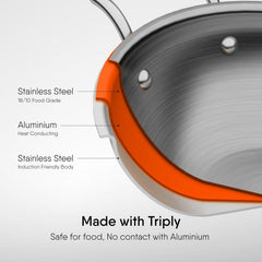 Artisan Triply Stainless Steel Round Bottom Kadhai With Lid 2.3 Liters, 22cm | Extra Deep Kadai