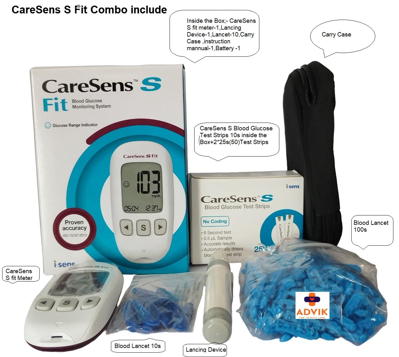 CareSens S Fit Blood Glucose Monitoring System With Enhanced Accuracy & Precision, Combo Offer 10s Test Strips In Side Kit+50s Test Strips (Total 60 Test Strips)+100 Blood Lancet