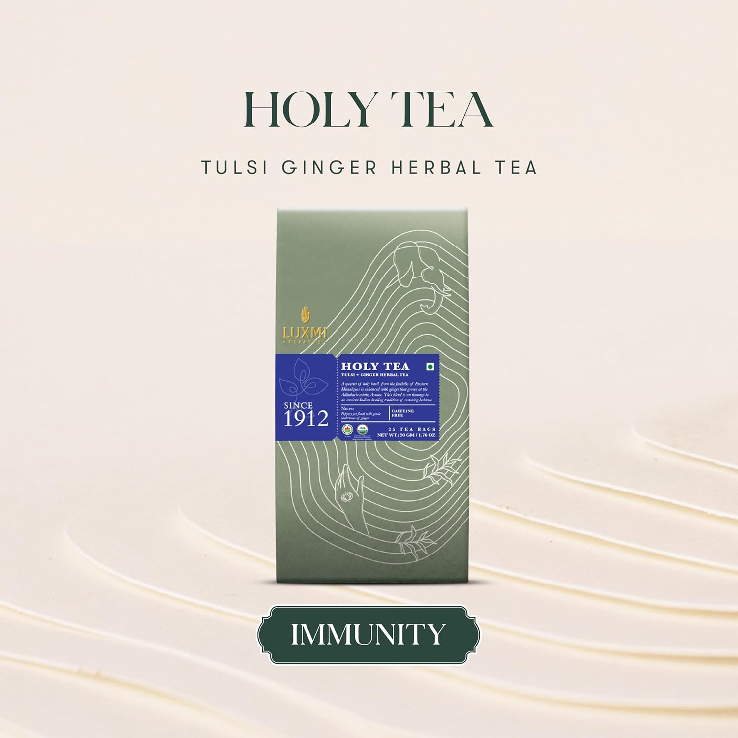 Luxmi Estates Holy Tea Powder - 50gm, 1.7 Ounce, 25 Tea Bags | USDA Certified Organic Tulsi + Ginger Herbal Tea - Caffeine Free Herbal Tea | Immune Support, Relief & Uplift Mood