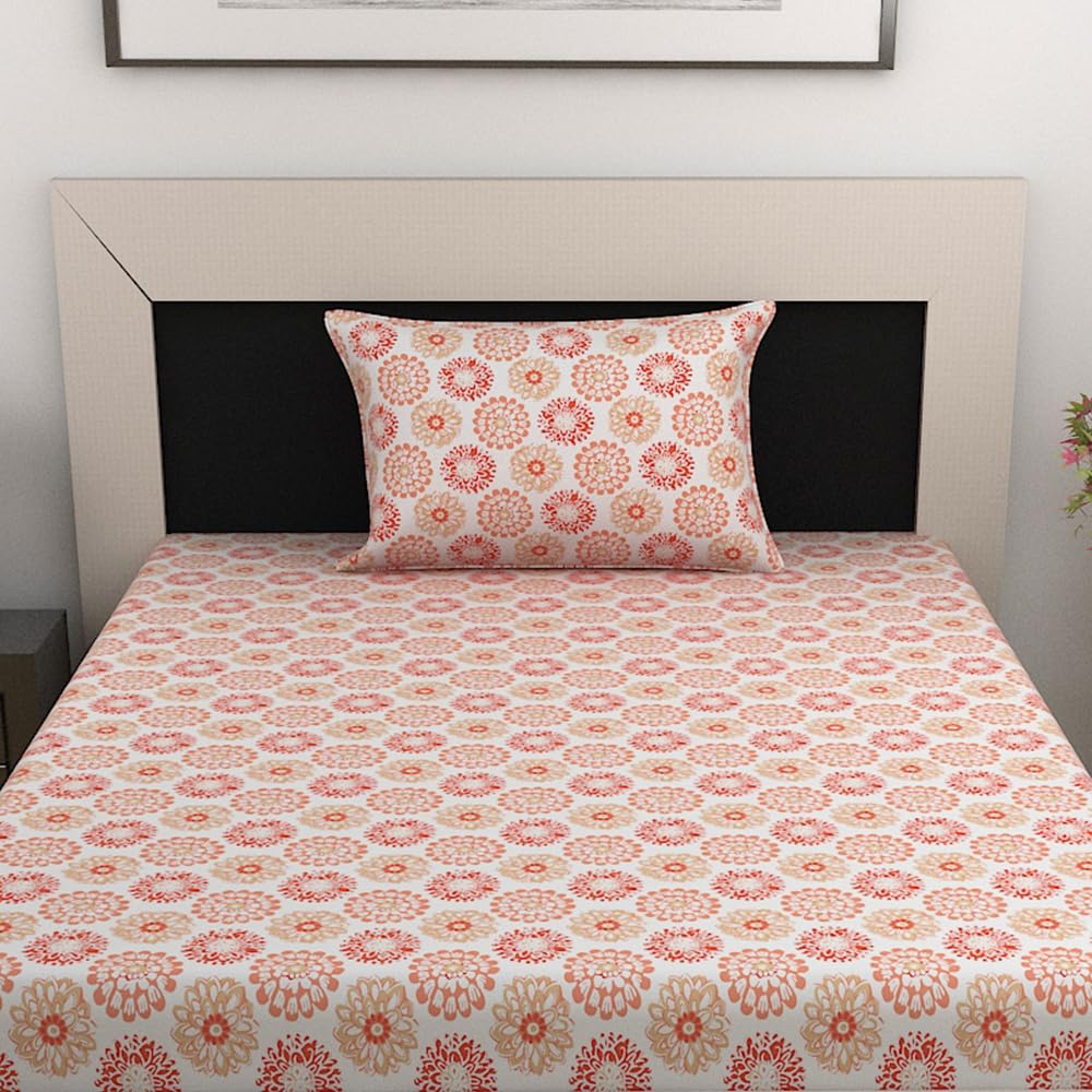100% Cotton Single Bedsheet With 1 Matching Pillow Covers - 57 X 87 Inches, White & Red Orange | All Weather Comfort & Bedroom - Softness & Natural Breathability