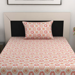 100% Cotton Single Bedsheet With 1 Matching Pillow Covers - 57 X 87 Inches, White & Red Orange | All Weather Comfort & Bedroom - Softness & Natural Breathability