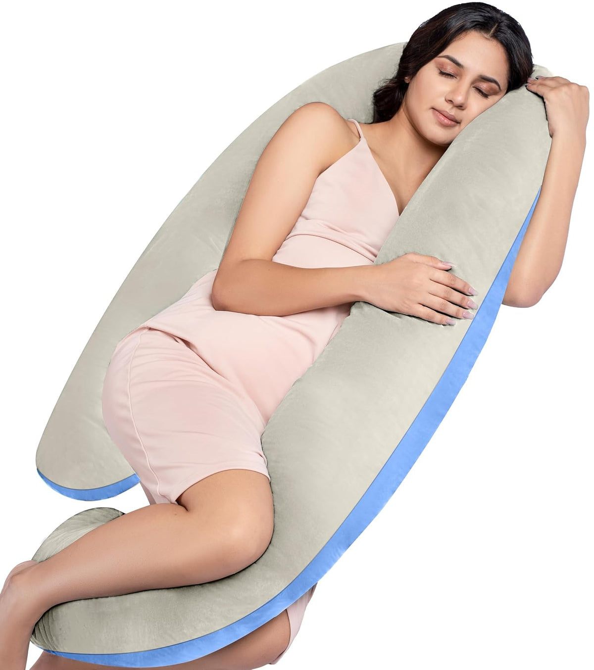 Full Body J Shape Pregnancy Pillow For Women, Maternity Pillow, Cream & Sky Blue | Pillow Gift For Pregnancy Sleeping, Premium Velvet Cover With Zip | Adjustable & Washable Pillow