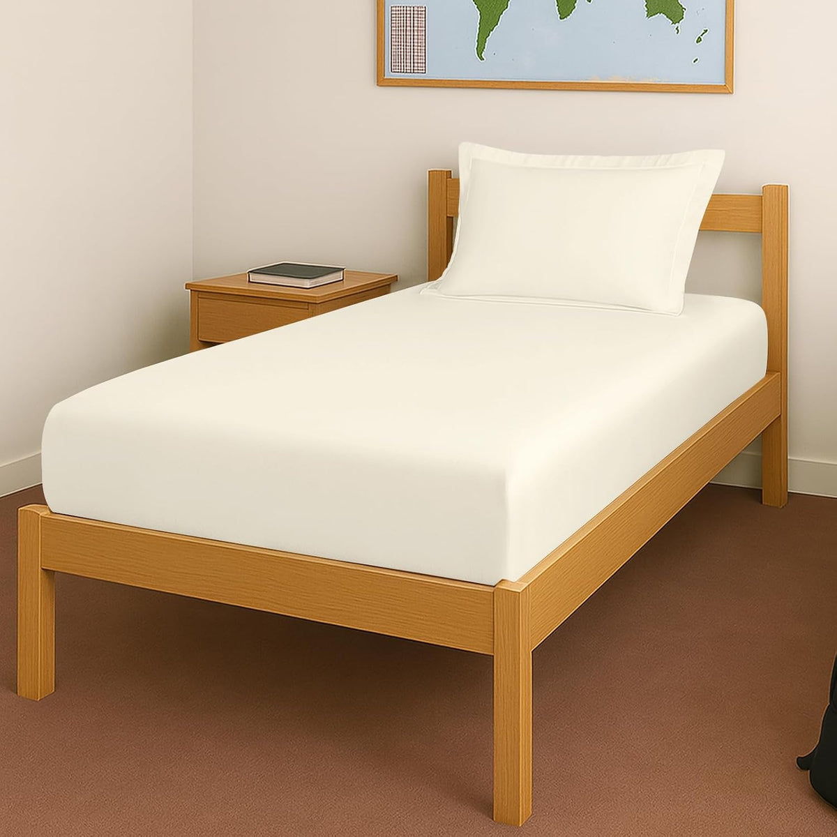 Elastic Fitted Bedsheets Single Bed With 1 Pillow Cover 40 X 78 Inches, Ivory | 400 Thread Count Long Staple Cotton Sateen