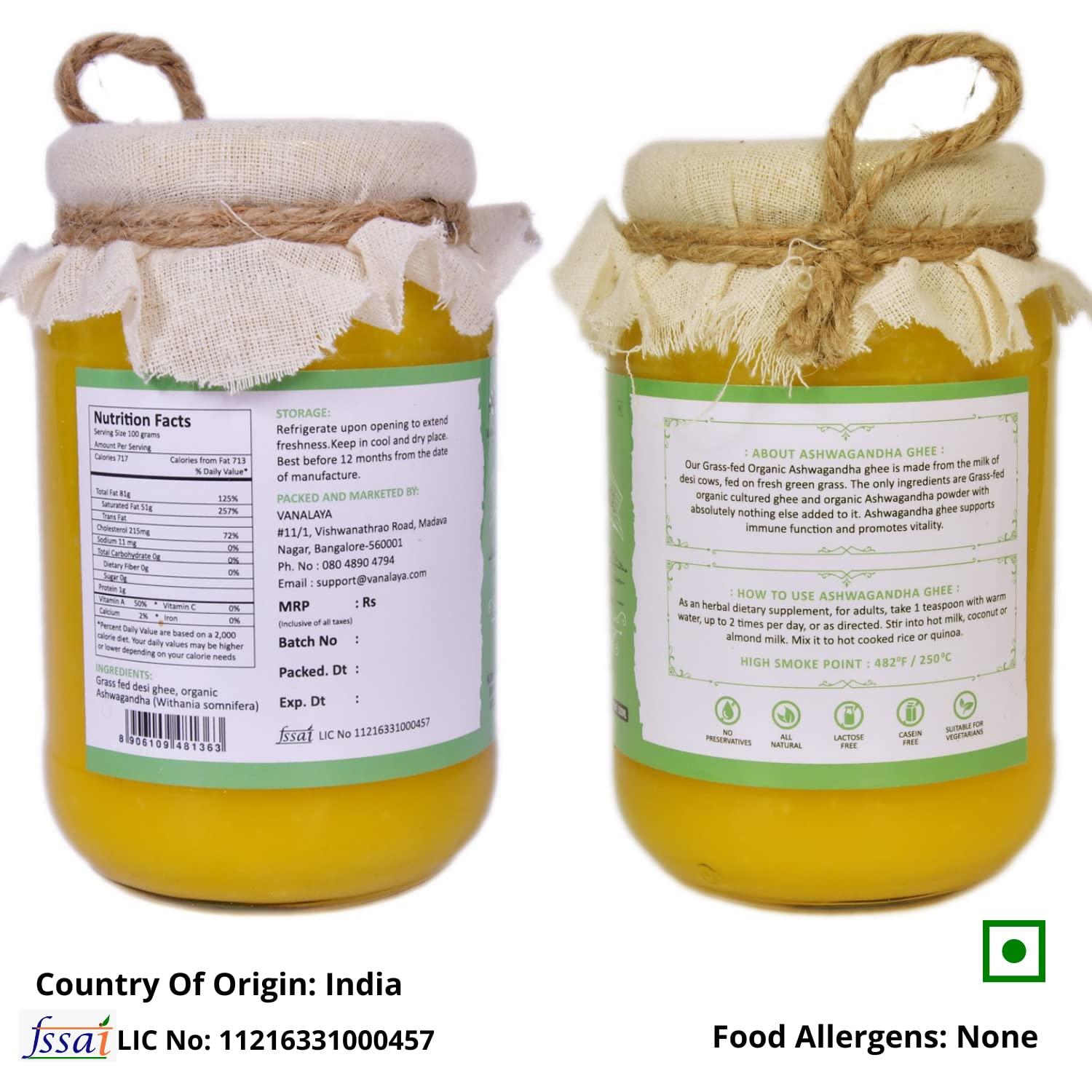100% Pure Ashwagandha Infused Desi Cow Ghee By Vanalaya | Rich Source Of Vitamin A & Healthy Delicious Pure Desi Ghee For Body Health | (500ml) 16.9 Ounce | Jar Pack