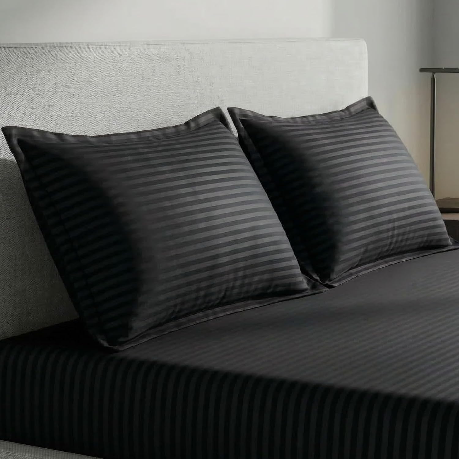 Black Stripe Flat Double Bedsheet (90 X 92 Inches) With 2 King Size Pillow Covers | Soft To Touch & Comfortable | 300 Thread Count