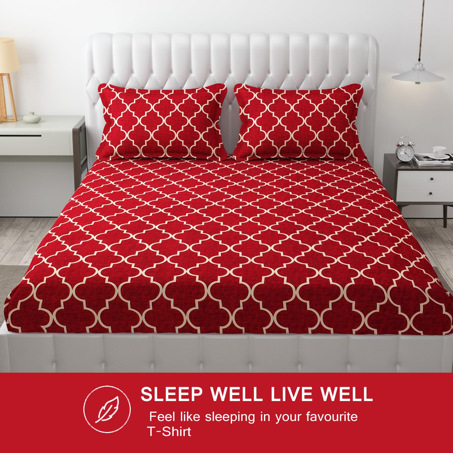 144 TC King Size Bedsheet With 2 Pillow Covers - 90 X 95 Inches | Maroon, Vector Design Bedsheet | Machine Washable & Wrinkle Resistant
