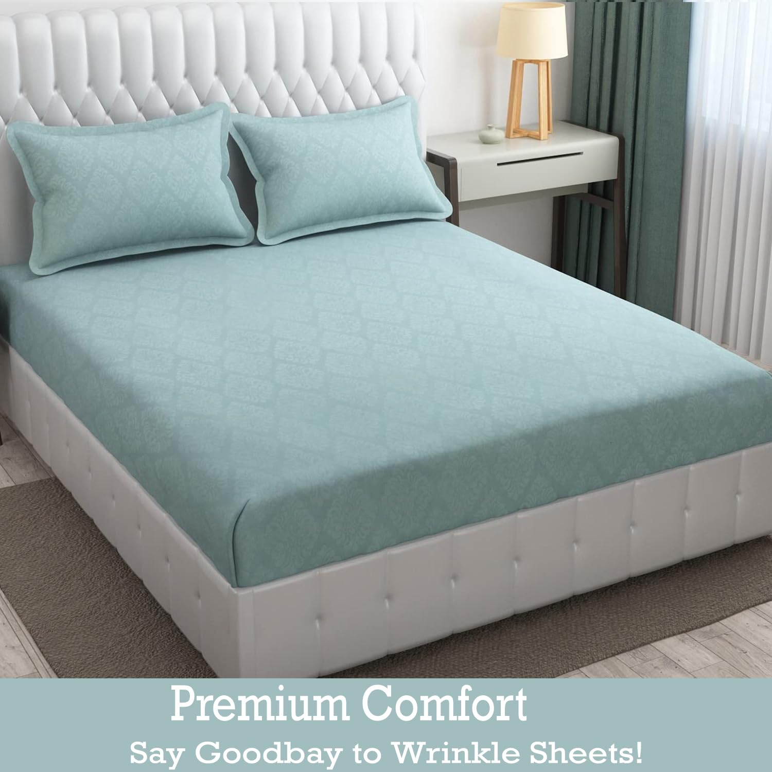 144 TC King Size Bedsheet With 2 Pillow Covers - 90 X 95 Inches | Light Sea Green, Damas Design Bedsheet | Machine Washable & Wrinkle Resistant