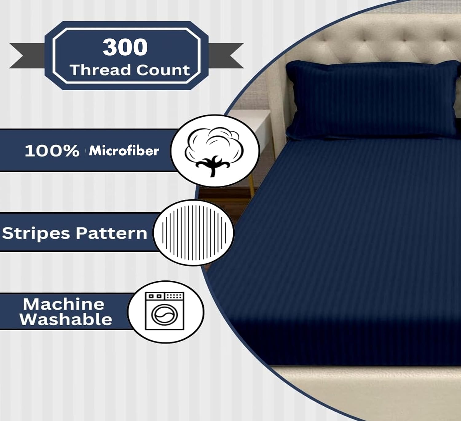 Striped Single Bedsheet With 1 Pillow Cover 60 X 90 Inches, Navy Blue | Comfortable & Durable | Elegant Printed Bedding Set For Daily Use