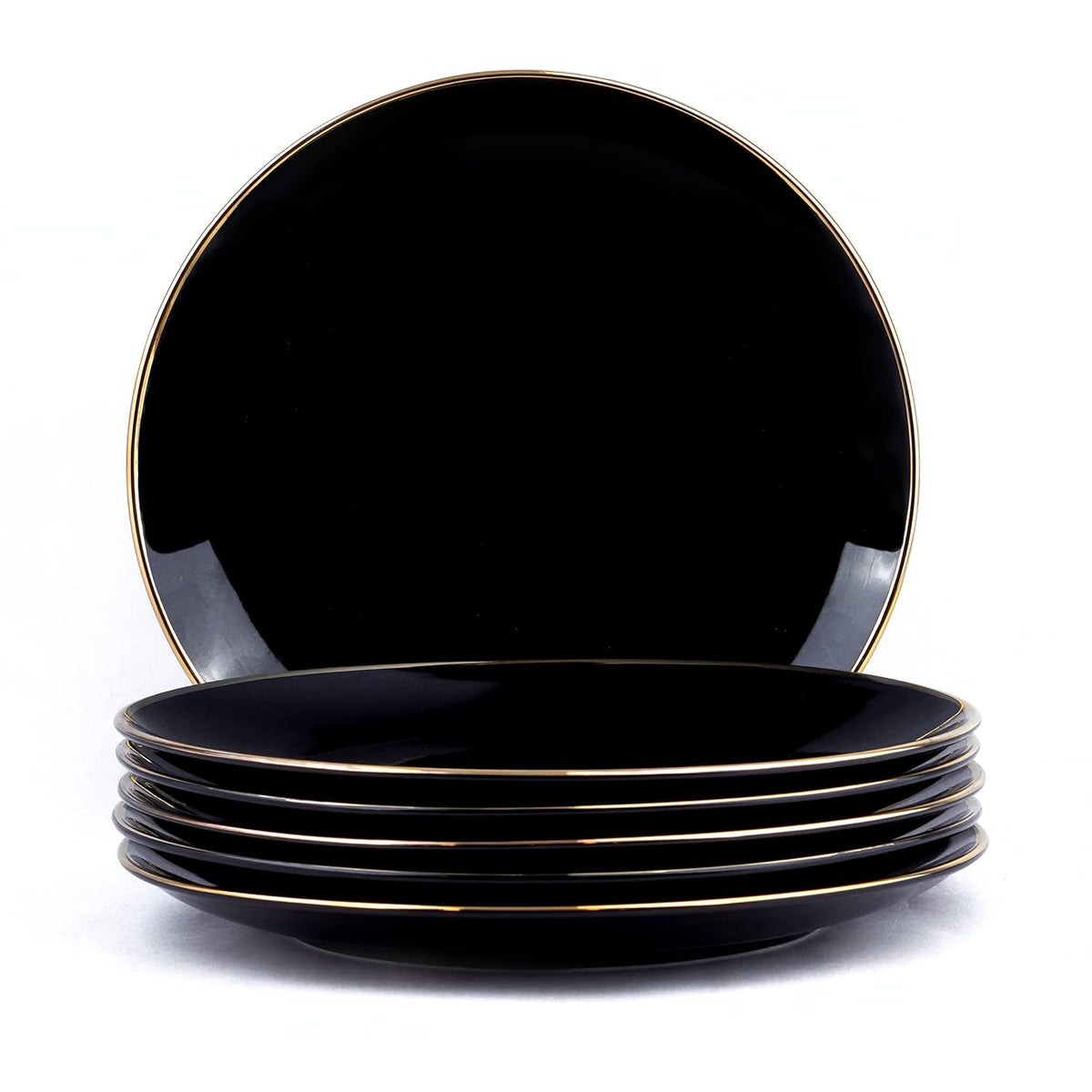 Ceramic Dinner Plates Set Of 6 Pieces - Black Gold, Gold Line Series | Ceramic Plates Set With Glossy Finish - Ceramic Dinner Plates | Set Of 6 Plates For Dinner