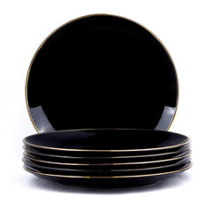 Ceramic Dinner Plates Set Of 6 Pieces - Black Gold, Gold Line Series | Ceramic Plates Set With Glossy Finish - Ceramic Dinner Plates | Set Of 6 Plates For Dinner