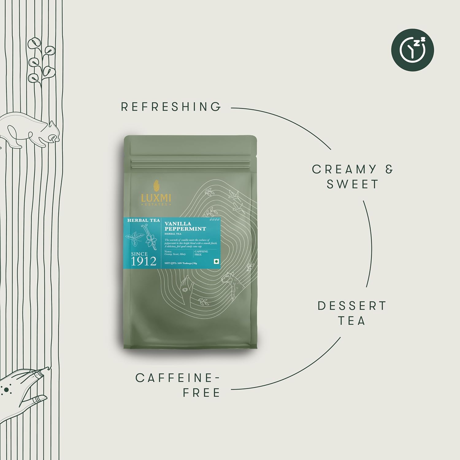 Luxmi Estates Vanilla Peppermint Herbal Tea - 50gm, 1.7 Ounce, 50 Tea Bags | USDA Certified Organic Herbal Tea - Gluten Free, Caffeine Free Tea Bags