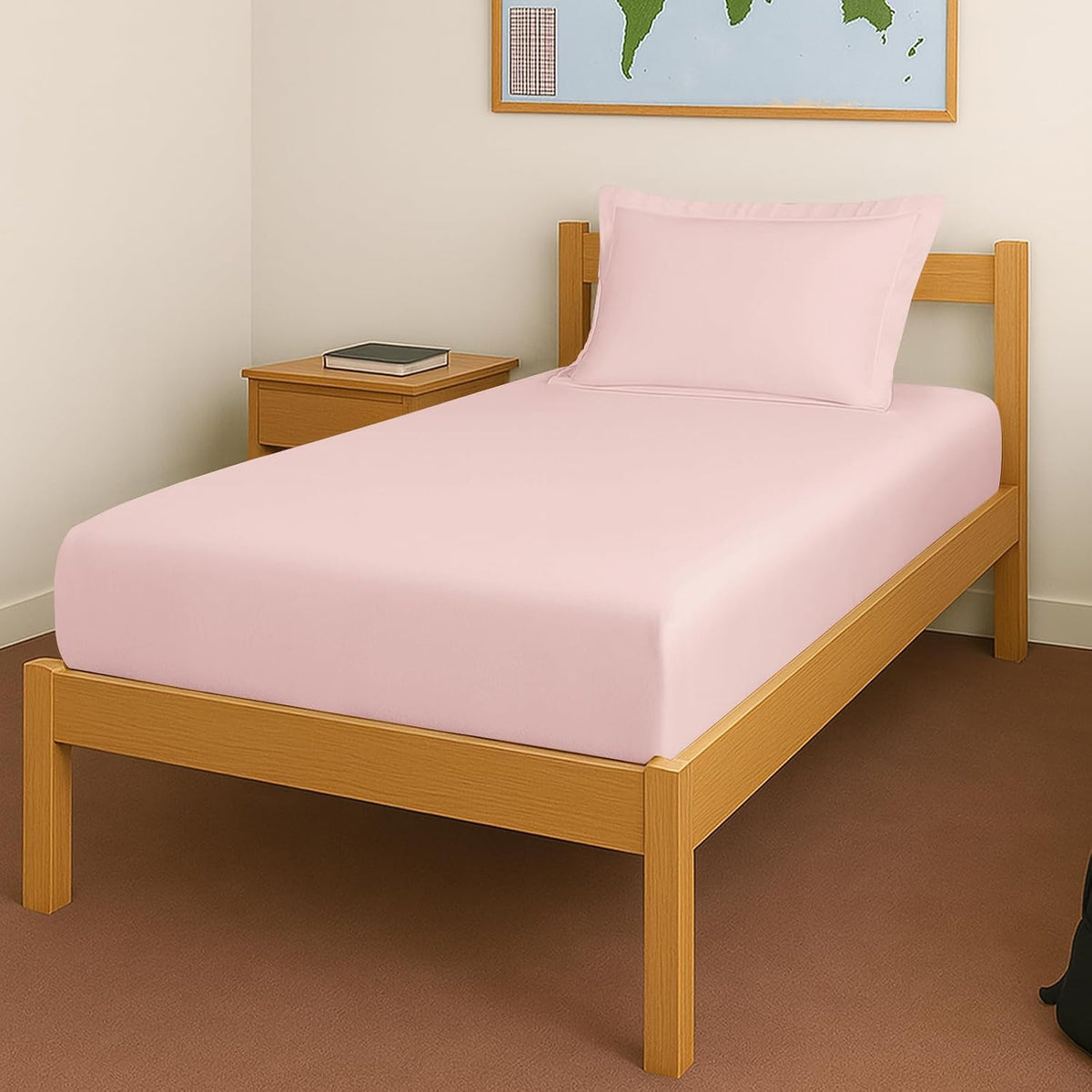 Elastic Fitted Bedsheets Single Bed With 1 Pillow Cover 40 X 78 Inches, Light Pink | 400 Thread Count Long Staple Cotton Sateen