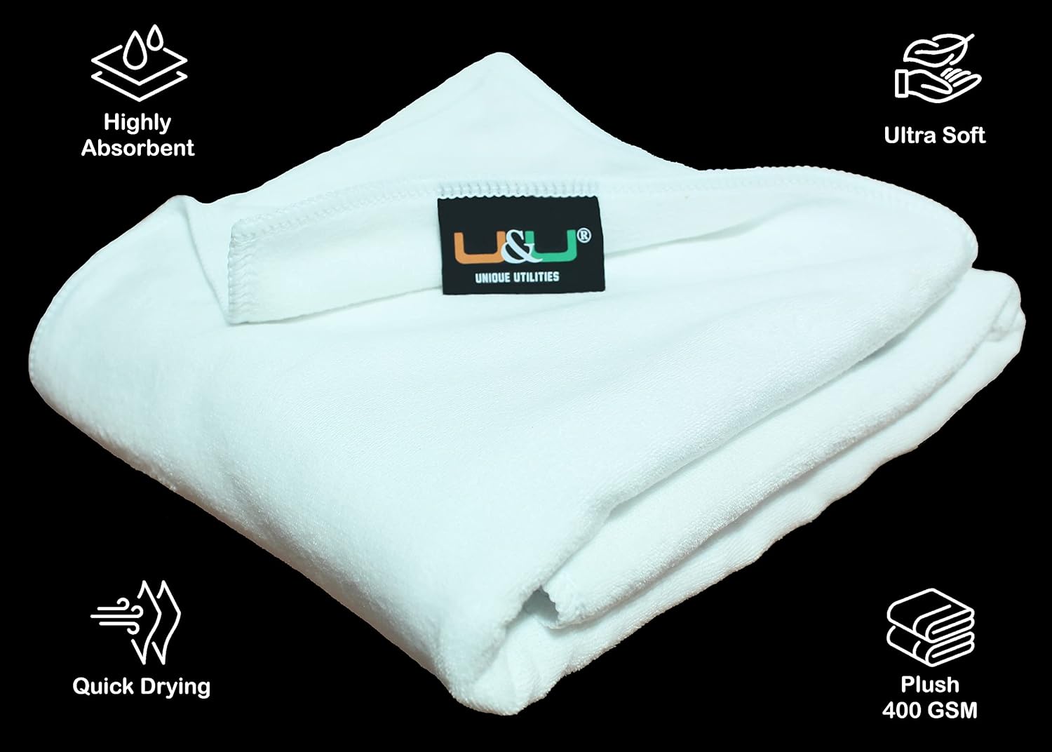 U & U Unique Utilities Microfiber Bath Towels Large Size 400 Gsm | Bath Towel For Men & Women | Soft, Ultra Absorbent & Quick-Dry Towels For Bathing (White)
