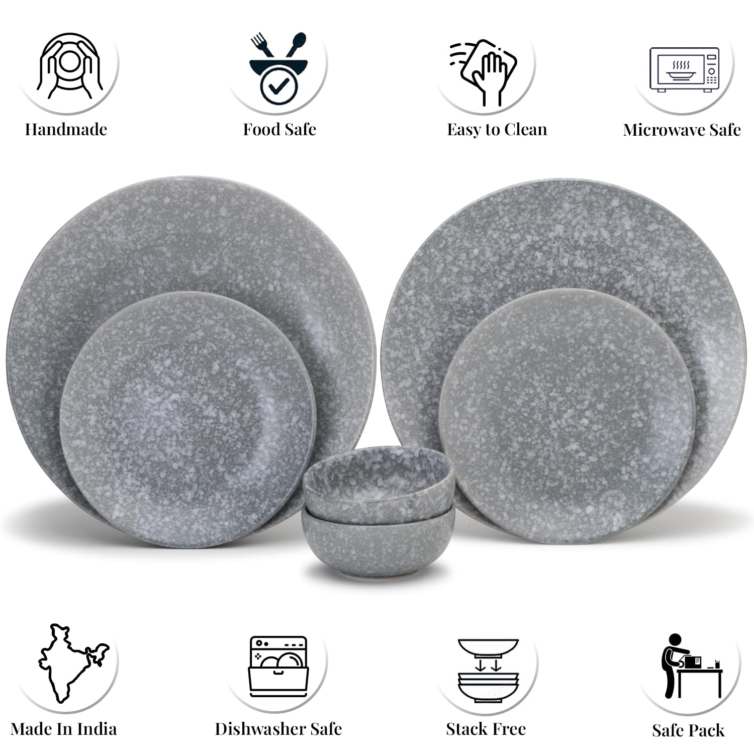 Handcrafted Ceramic Stoneware Dinner Set Of 6 Pcs - Silver Grey | 2 Dinner Plates, 10.6 Inch Each + 2 Small Plates, 7.4 Inch Each + 2 Small Dinner Bowl, 160ml Each | Microwave & Dishwasher Safe