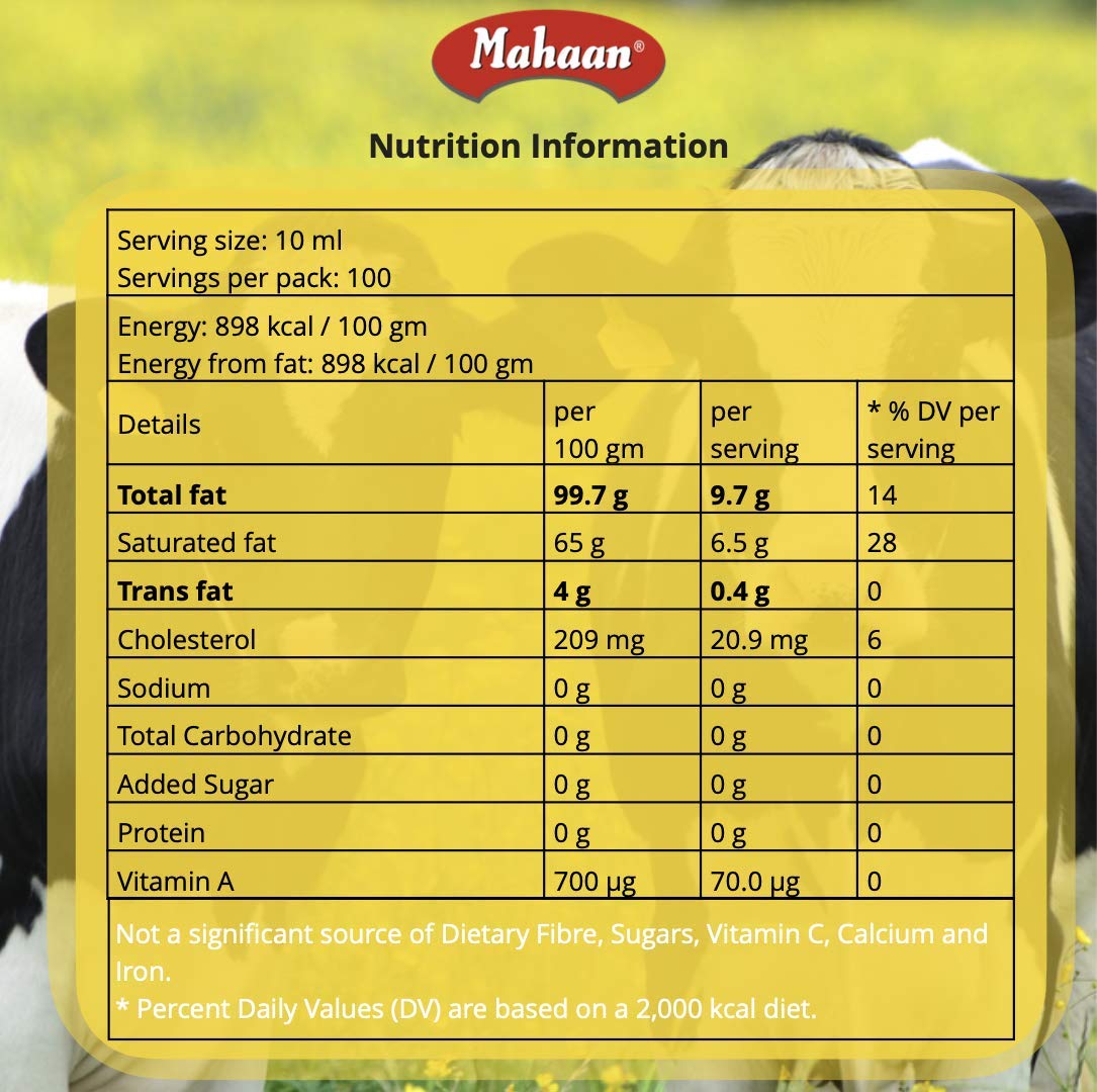 Organic Natural Desi Cow Ghee By Mahaan | Good Source Of Energy Healthy & Nutrients Desi Cow Ghee For Cooking | (1 Litre) 33.8 Ounce | Jar Pack