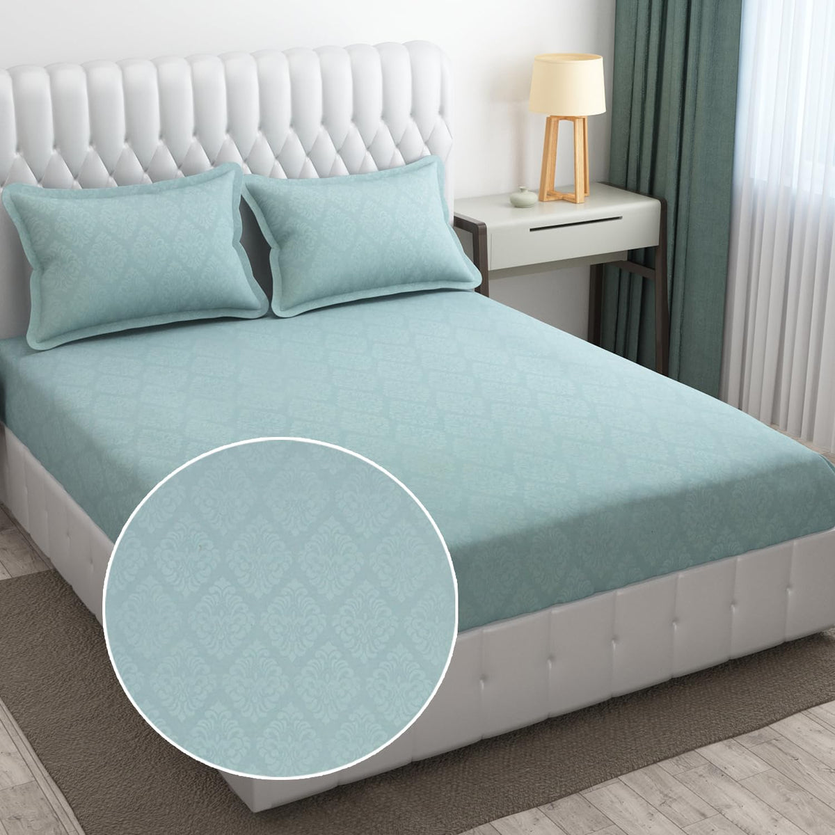 144 TC King Size Bedsheet With 2 Pillow Covers - 90 X 95 Inches | Light Sea Green, Damas Design Bedsheet | Machine Washable & Wrinkle Resistant