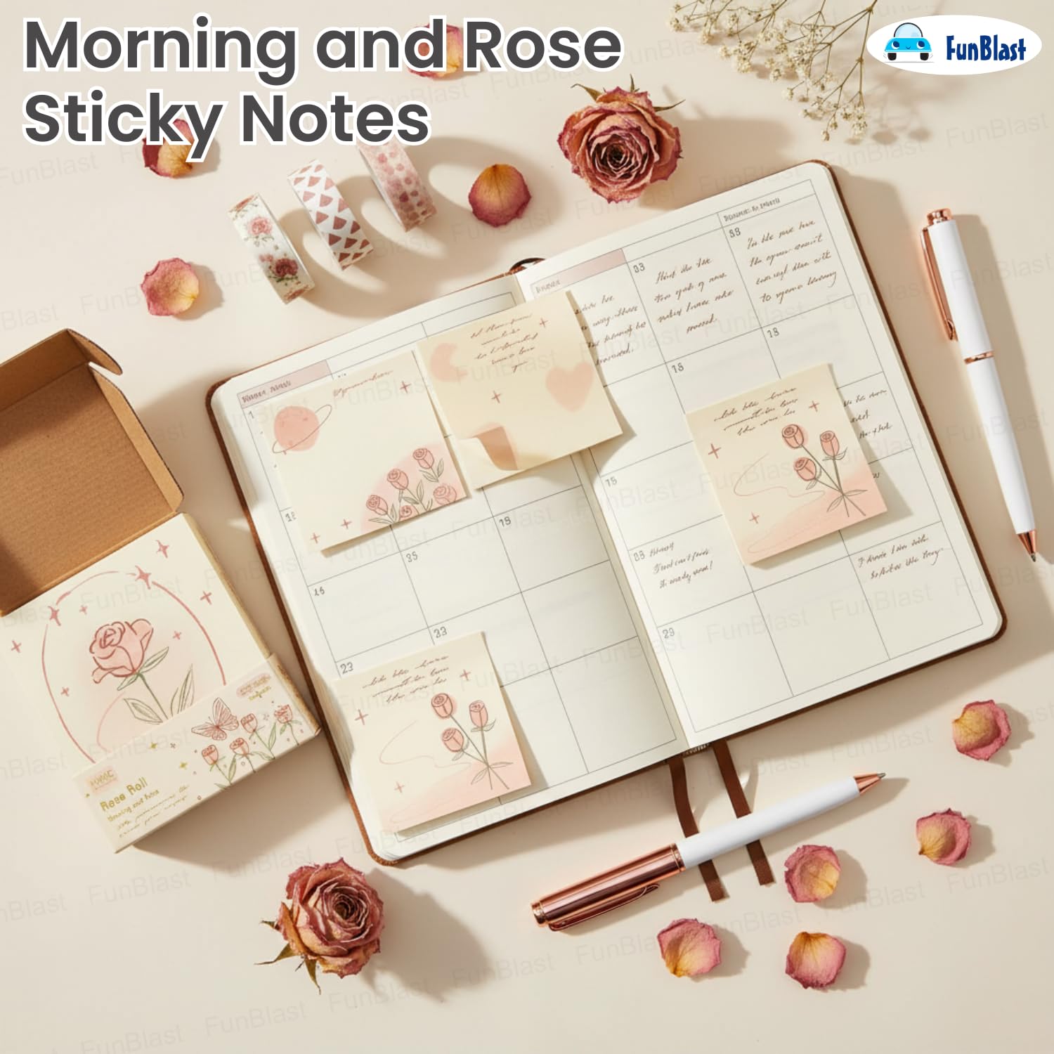 Morning & Rose Sticky Notes –200 Sheets Kawaii Memo Pads | Notes For Study, Writing, (Rose Roll)