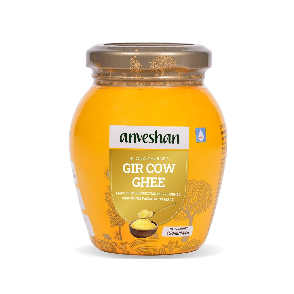 Natural Premium Bilona-Churned Gir Cow Ghee By Anveshan | High In Vitamins A, D & Healthy Bilona Method Desi Ghee Good For Bones Health | (150ml) 5.0 Ounce | Jar Pack