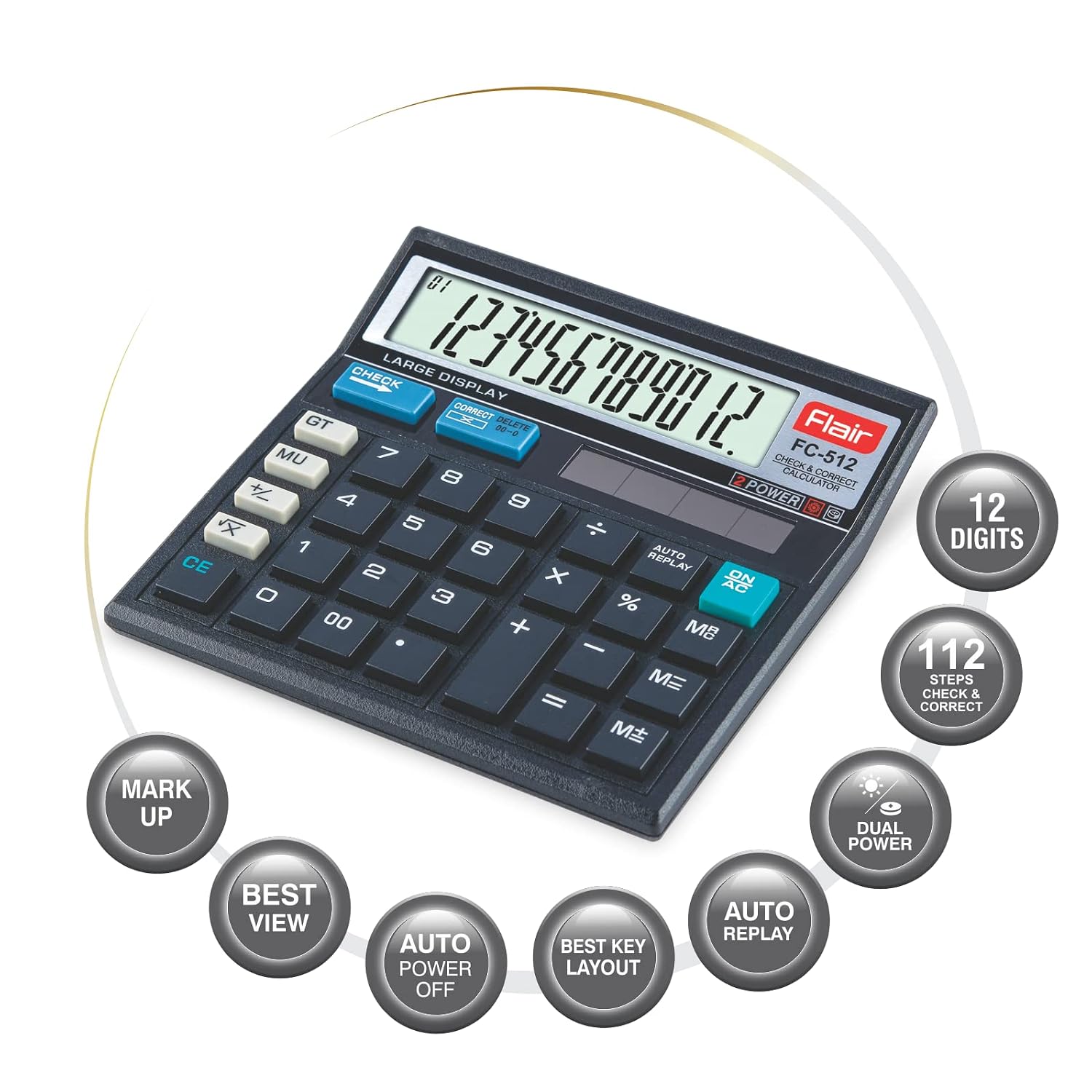 Flair FC-512 Desktop Basic Calculator | Solar And Battery Dual Power | Ideal For Student & Financial Work | For School, Collage, Home, Office And Shop Use | Black