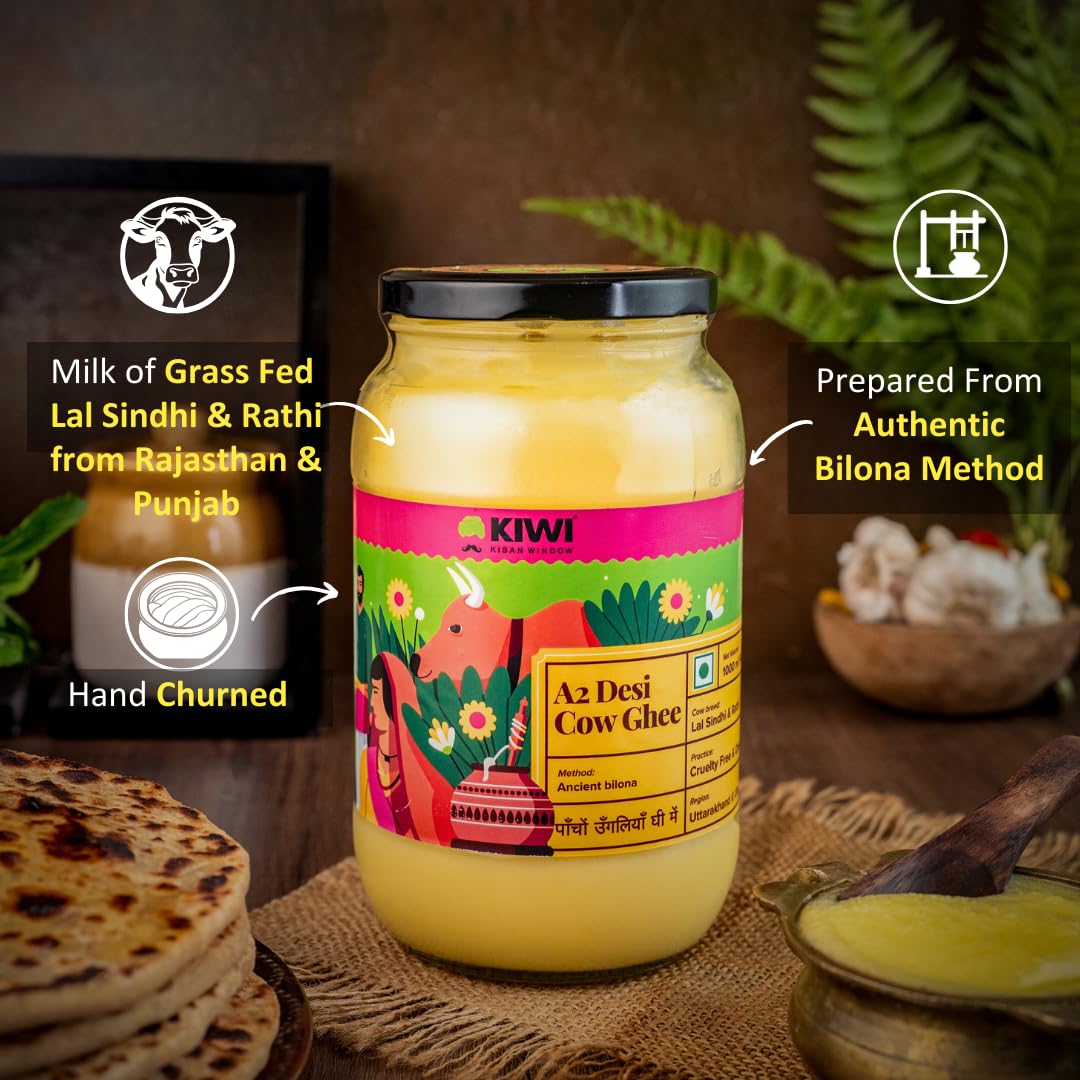 Organic Cow Desi Ghee By Kiwi Kisan Window | Authentic Bilona Method Cow Desi Ghee Good For Immunity & Strong Bones | (1 Litr) 33.8 Ounce | Jar Pack