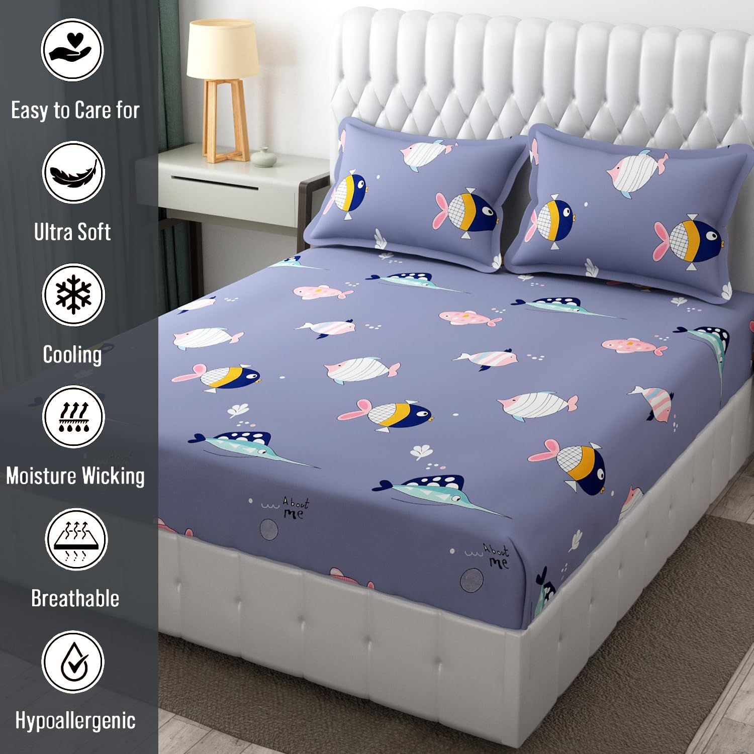 Wrinkle Free Soft Kids Double Bedsheets For King Size With 2 Pillow Cover | 90 X 95 Inches, Light Blue | Cartoon Printed Design | Child Bedroom Decor