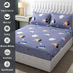 Wrinkle Free Soft Kids Double Bedsheets For King Size With 2 Pillow Cover | 90 X 95 Inches, Light Blue | Cartoon Printed Design | Child Bedroom Decor