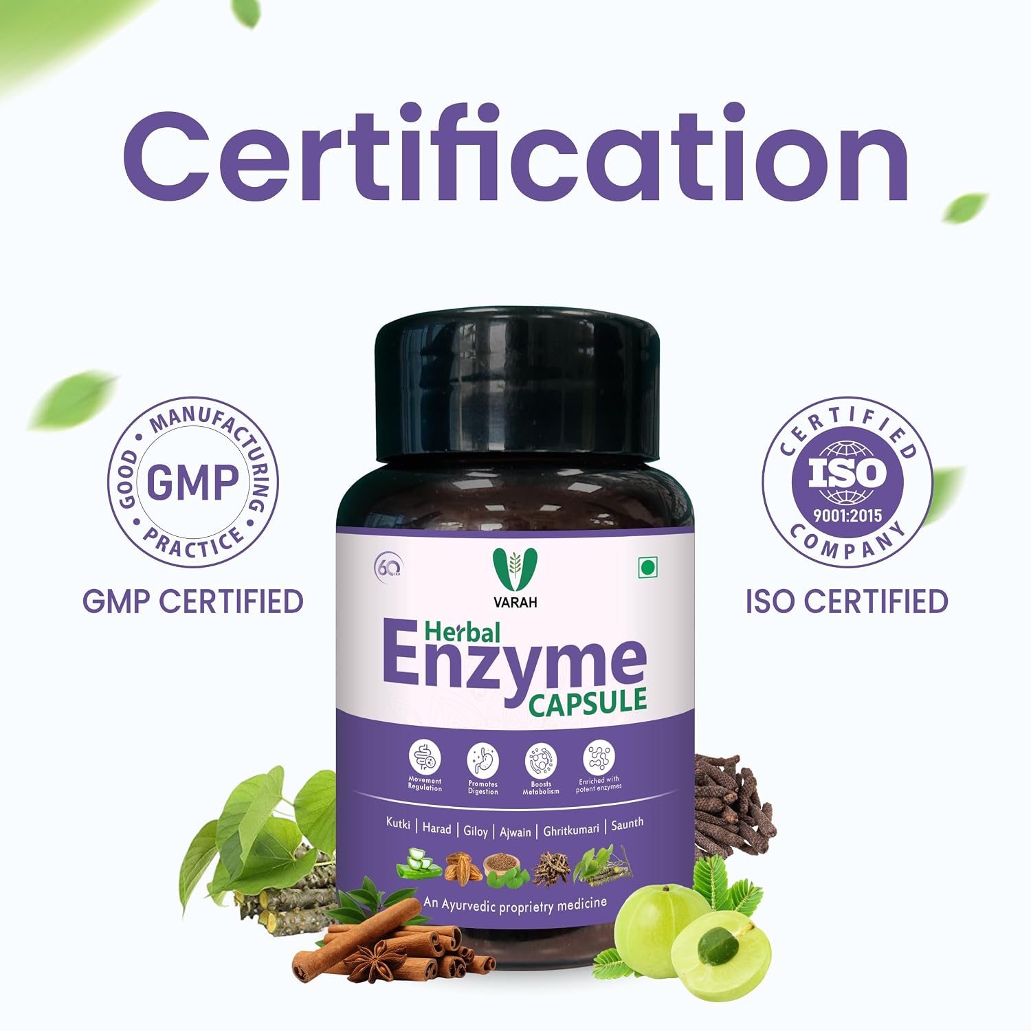 Varah Healthcare Digestive Enzymes Supplement, Digestive Support, Contains Chitrakmool, Ajwain, Amla, Harad & Other Herbs, Gut Cleanser | 60 Capsules, 100gm 0.2lbs