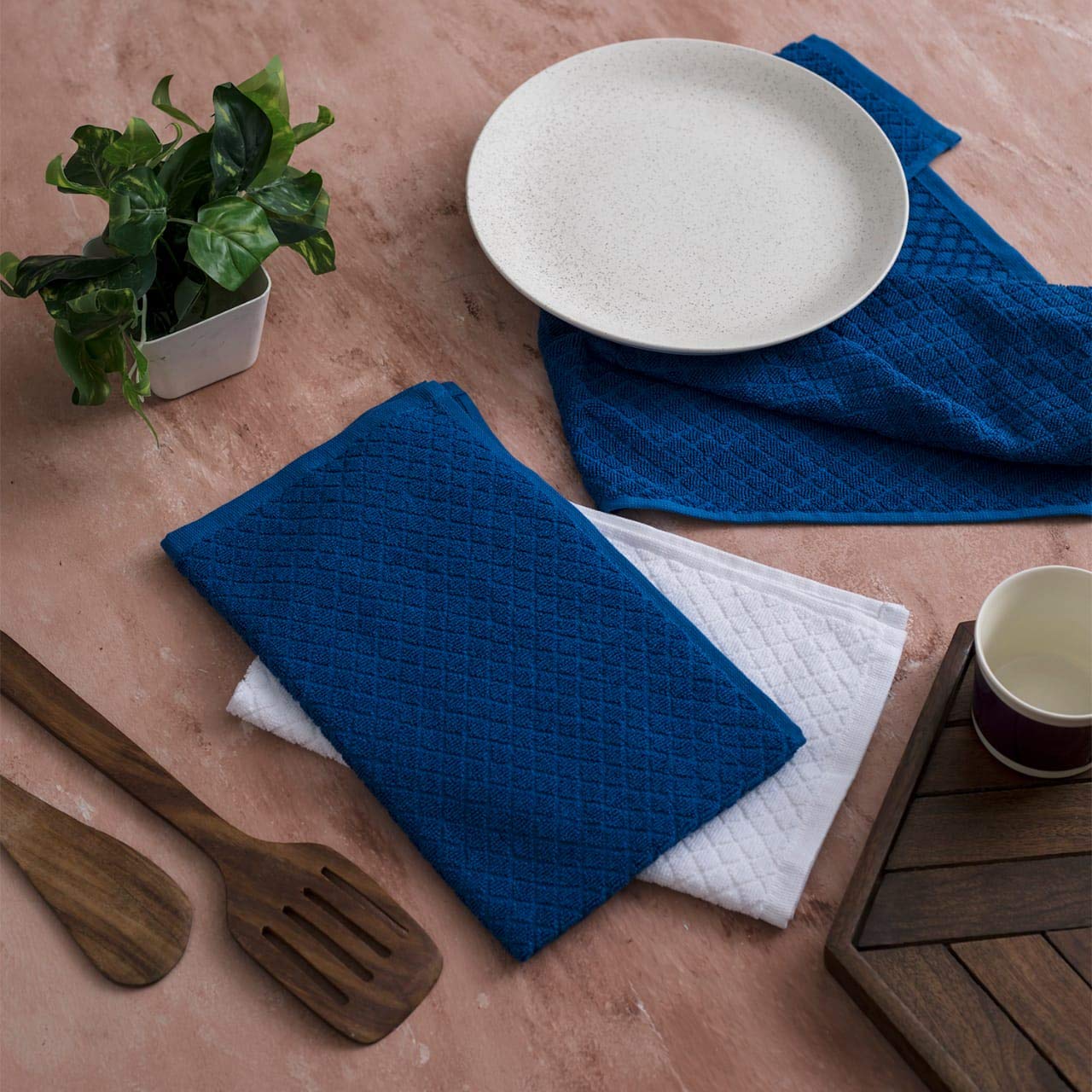 Divine Overseas Cotton Terry Hand Towels 1300 Gsm | Soft & High Absorbent (White & Royal Blue) - Pack Of 8