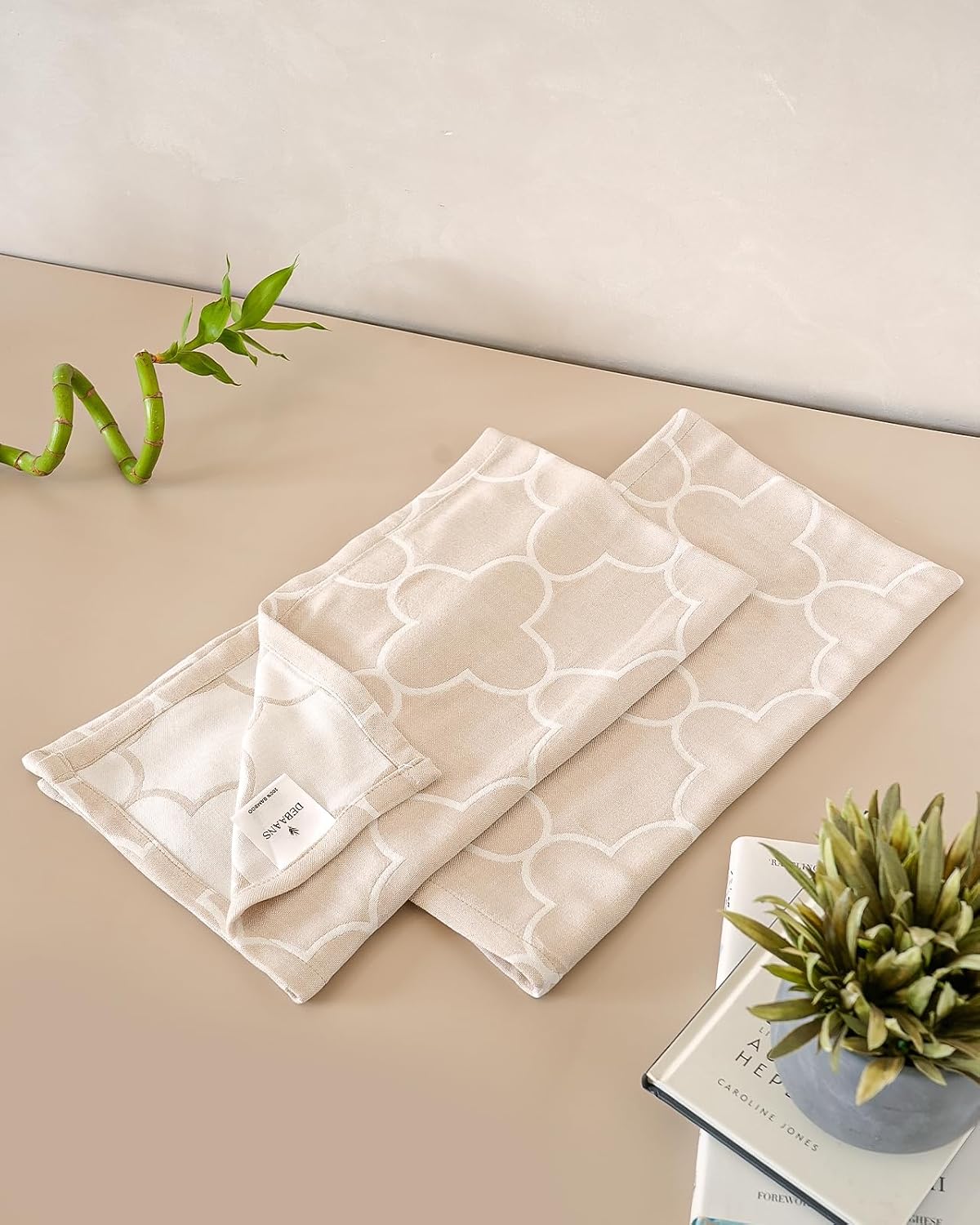 Debaans Bamboo Hand Towels 400 Gsm | Ultra Soft, Quick Dry, Antibacterial | Multiple Colors & Designs (Quatrefoil Sand) - Set Of 2