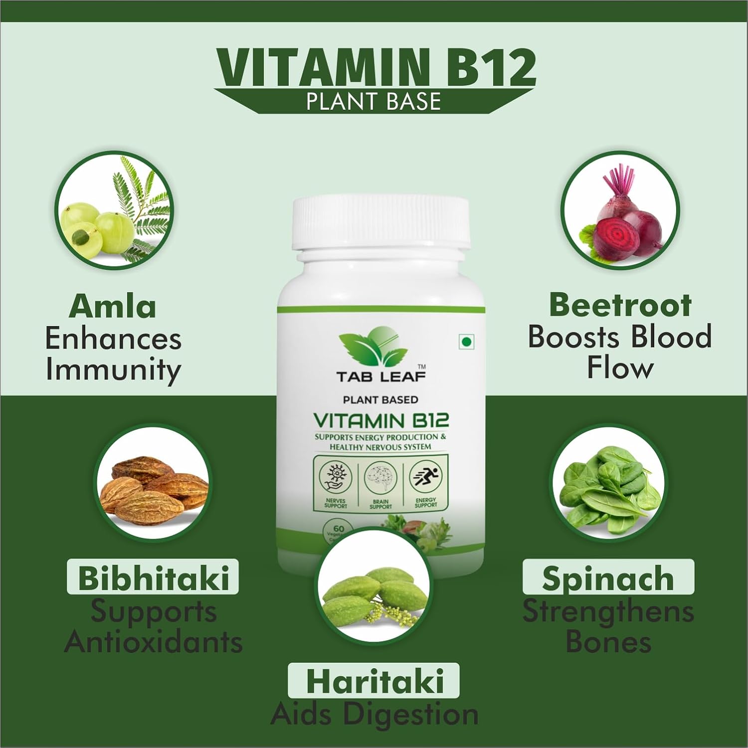 Tab Leaf Plant Based Vitamin B12 For Energy Booster, Immunity Booster | 60 Veg Tablets , 100gm 0.2lbs