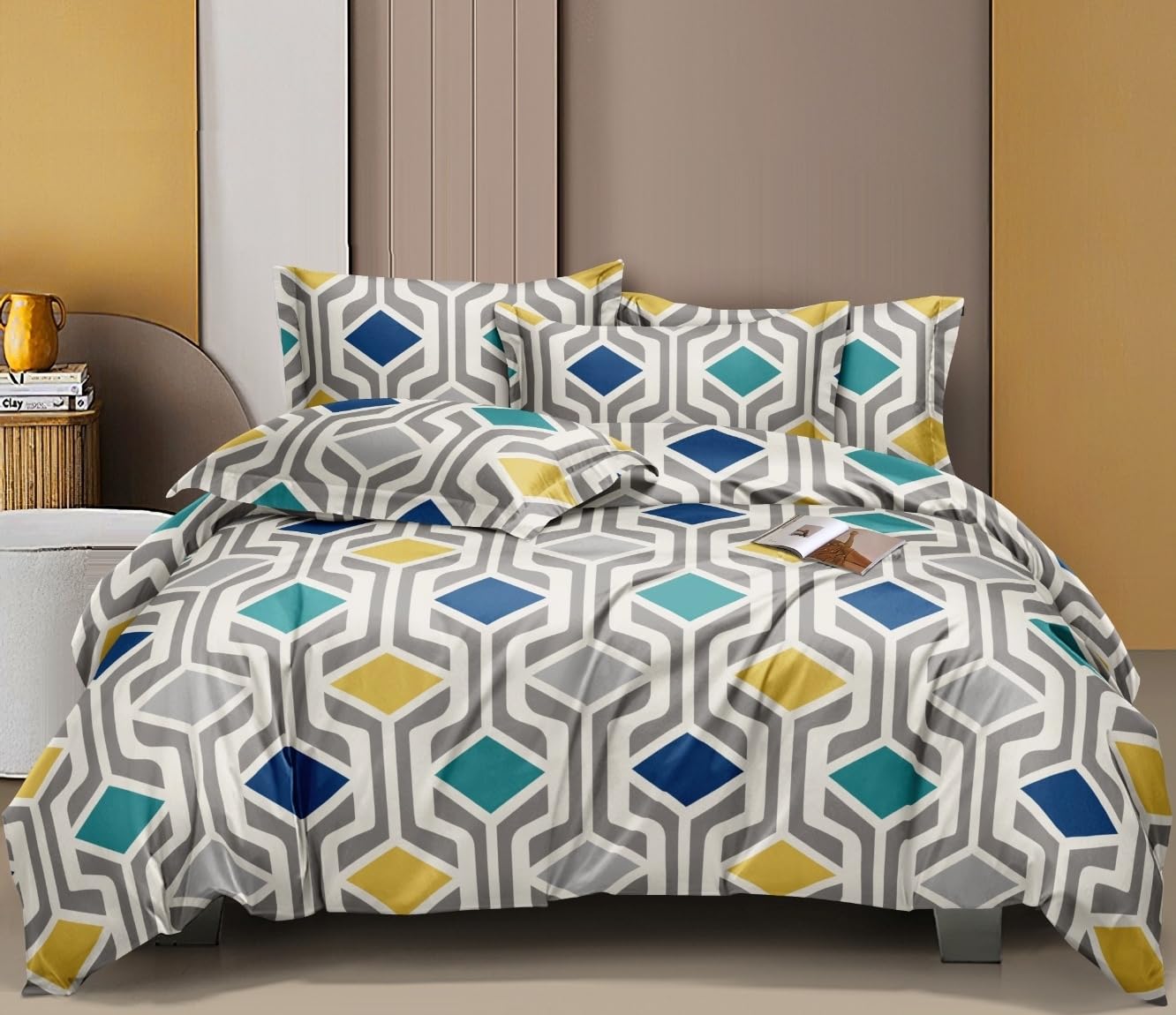 Bedsheet For Queen Size With 2 Pillow Covers - 60 X 78 Inches, Grey & Blue | Soft & Skin-Friendly Fabric | All Around Elastic Fitted Bedsheet