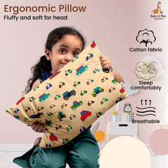 Premium Baby Pillow For Kids, Super Soft Cotton Kids Cushion - 12 X 18 Inches | For 5 Years Old Kids, Cartoon Prints - Vintage Cars | Bed Pillow, Washable, Easy To Care - Pillow 03