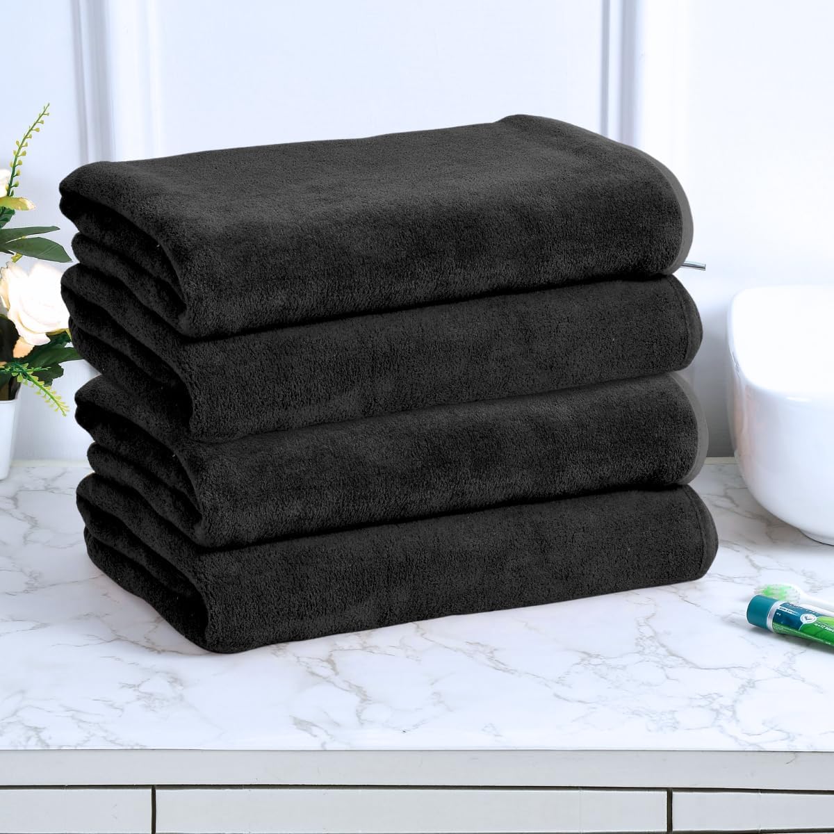 Black Gold The Finer Touch Premium Microfiber Bath Towel 1600 Gsm | Ultra Soft & Absorbent Quick Dry Towel Lightweight Microfiber Bath Towel (Black) - Pack Of 4