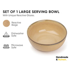 Ceramic Large Bowl, 1500ml - 21cm, 1 Piece, Beige Reactive | Stoneware Ceramic Serving Bowls - Ceramic Bowl With Glossy Finish | Pasta Serving Bowl - Microwave Safe & Dishwasher Safe