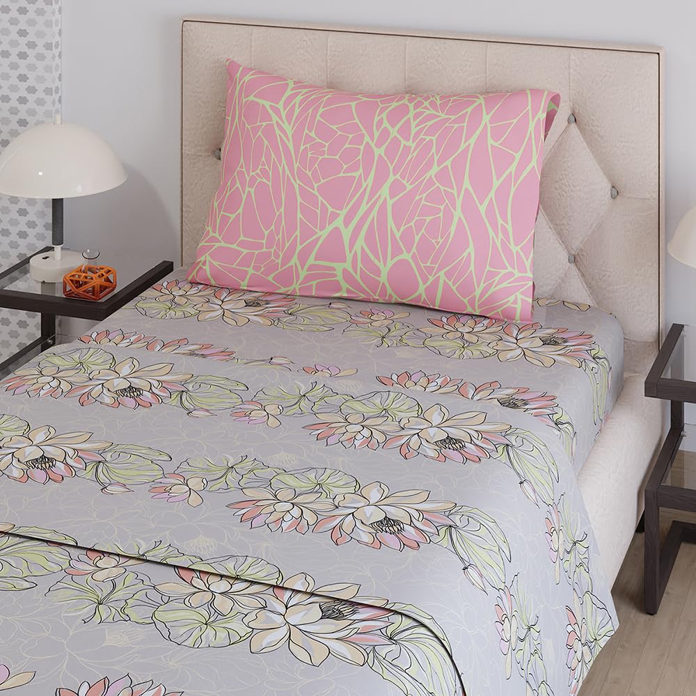 Single Bedsheet With One Pillow Covers Size - 59 X 87 Inches, Grey & Pink | Light Weight & Durable Bedsheet Set - Wrinkle Resistant Beautifully Designed Collection