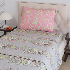 Single Bedsheet With One Pillow Covers Size - 59 X 87 Inches, Grey & Pink | Light Weight & Durable Bedsheet Set - Wrinkle Resistant Beautifully Designed Collection