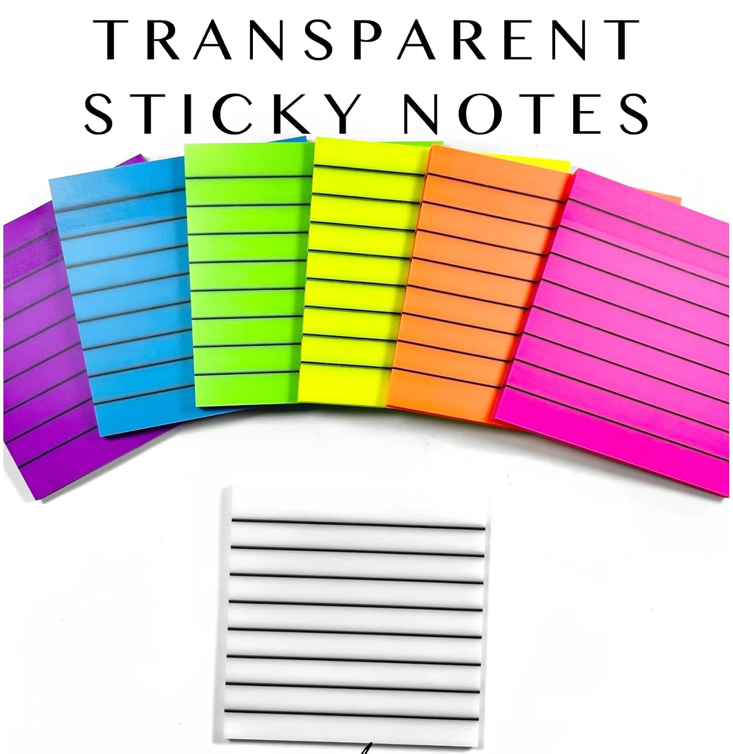 Transparent Sticky Notes, 50 Sheets Self Stick Lined Memos For School, Colors Bright - White