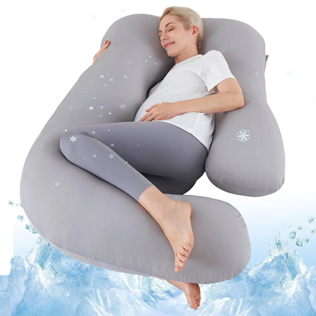 Cooling Pregnancy Pillows For Sleeping, U Shaped Full Body Pillow, Light Grey | Green Maternity Pillow For Pregnant Women, Pregnancy Must Haves | Machine Washable Cooling Cover
