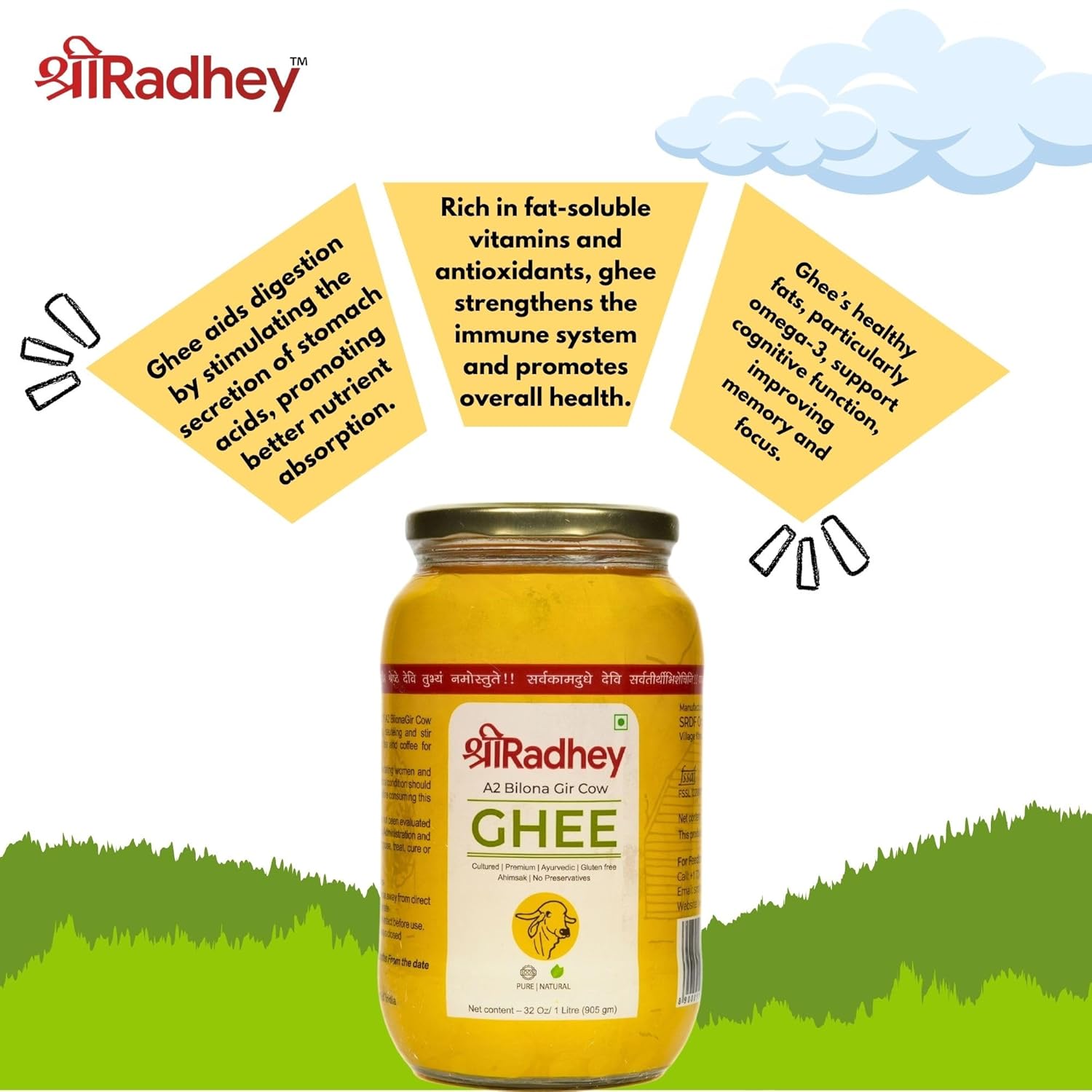 100% Pure A2 Bilona Gir Cow Ghee By Shreeradhey | Good Source Of Protein Fiber Healthy Desi Ghee Perfect For Glowing Skin | (1 Litr) 33.8 Ounce | Jar Pack