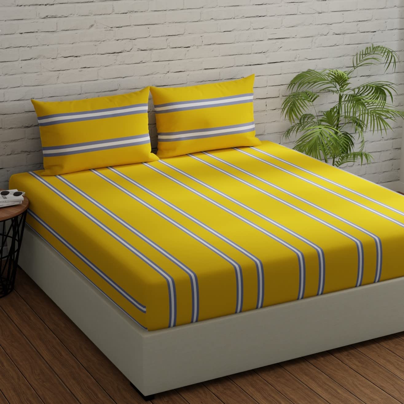Bedsheets For King Size Bed With 2 Pillow Covers - 108 X 108 Inches, Striped Yellow & Grey | Perfect For Home Decor & Gifts | 144 Thread Count