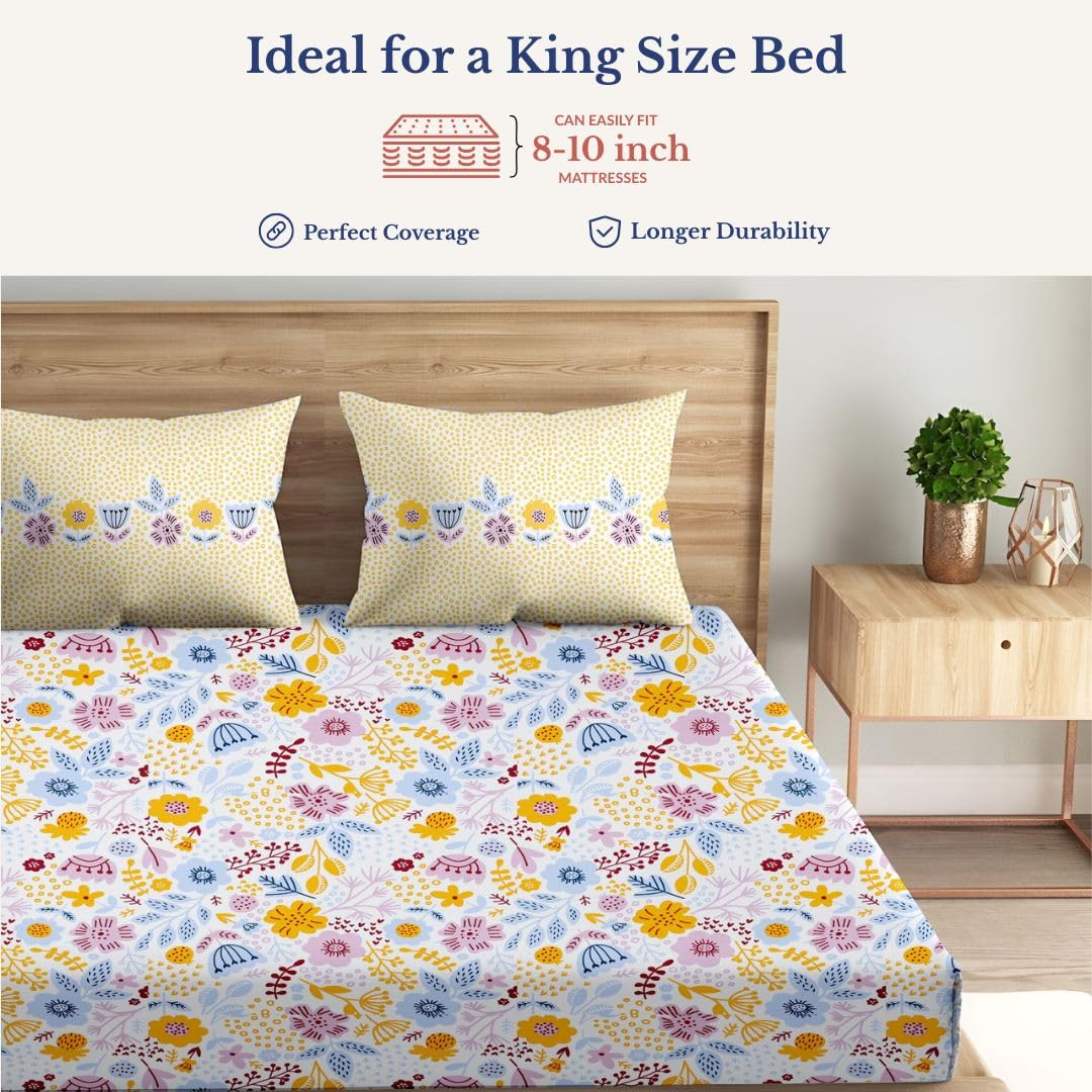 Super King Pure Cotton Bedsheet With 2 Pillow Covers | 108 × 108 Inches, Multicolor | Soft Breathable Floral Design Bedding | Comfortable Sleep All Year