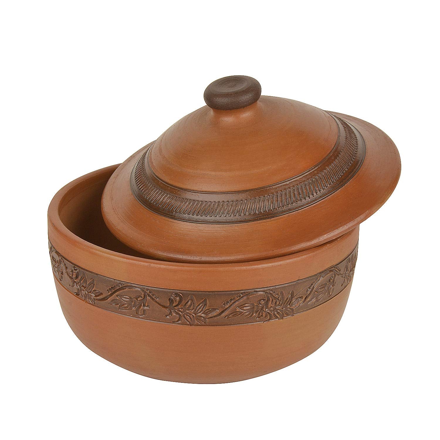 Handcrafted Ornately Designed Earthenware Bowl With Lid - Brown, 1.8 Liters | Clay Casserole With Lid - Cooking & Serving Pot