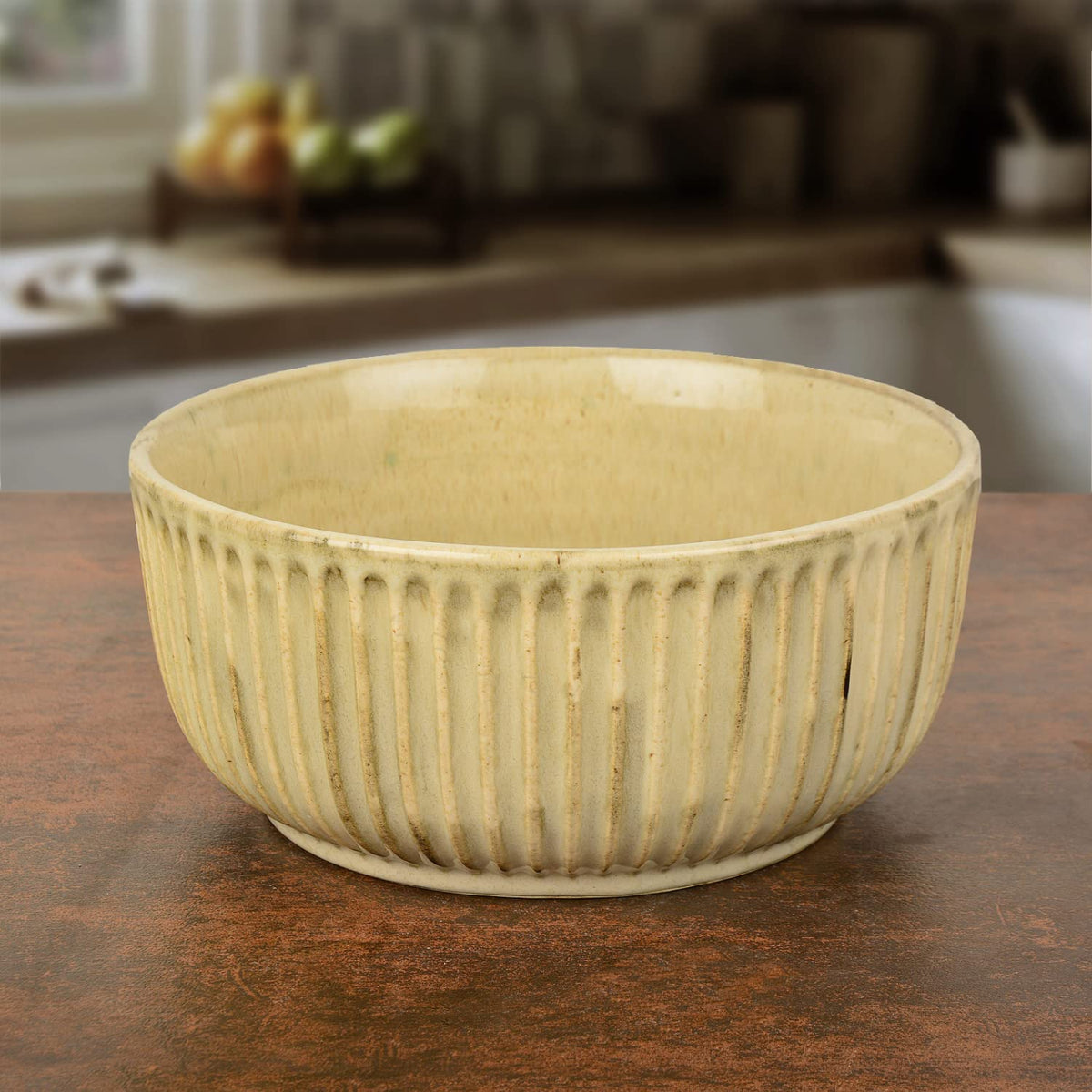 Studio Pottery Ribbed Ceramic Serving Bowl - Ivory, Diameter : 7 Inches, 1500ml | Rice & Salad Bowl, Snack Bowl - Vegetable & Pasta Serving Bowl