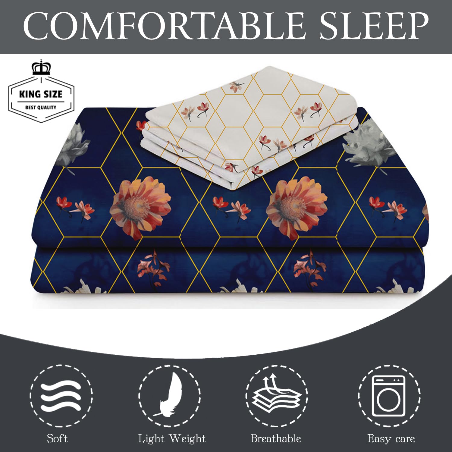 Printed King Size Bedsheet With 2 Pillow Cover - 108 X 108 Inches, Royal Blue & White | Double Bed Breathable & Wrinkle Free | All-Season Comfort Bedsheet