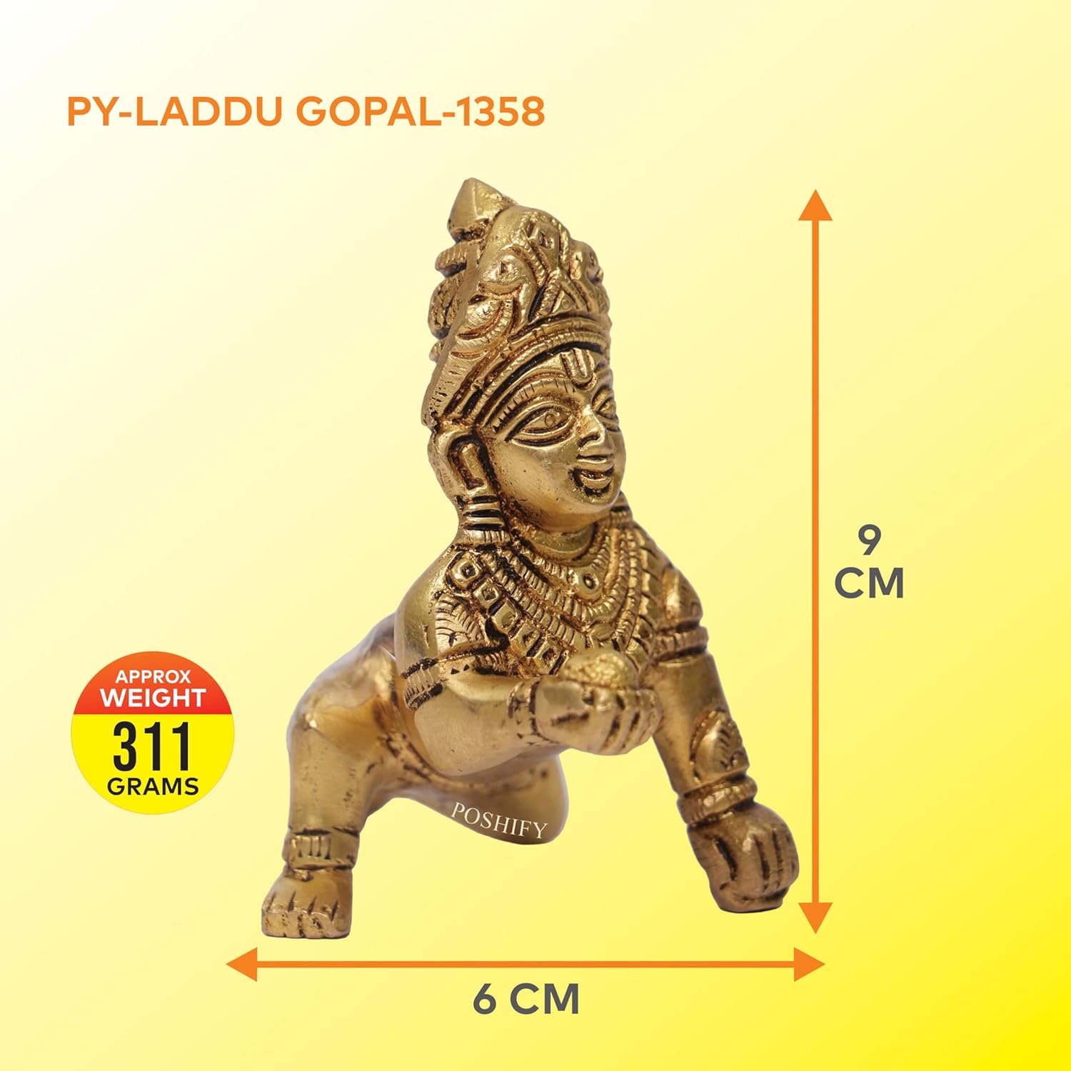 Laddu Gopal Murti, Kanha Ji Showpiece, Krishna Idol, Golden, Brass, All Occasion, Durable, Long-Lasting, Handcrafted Baby Krishna Statue