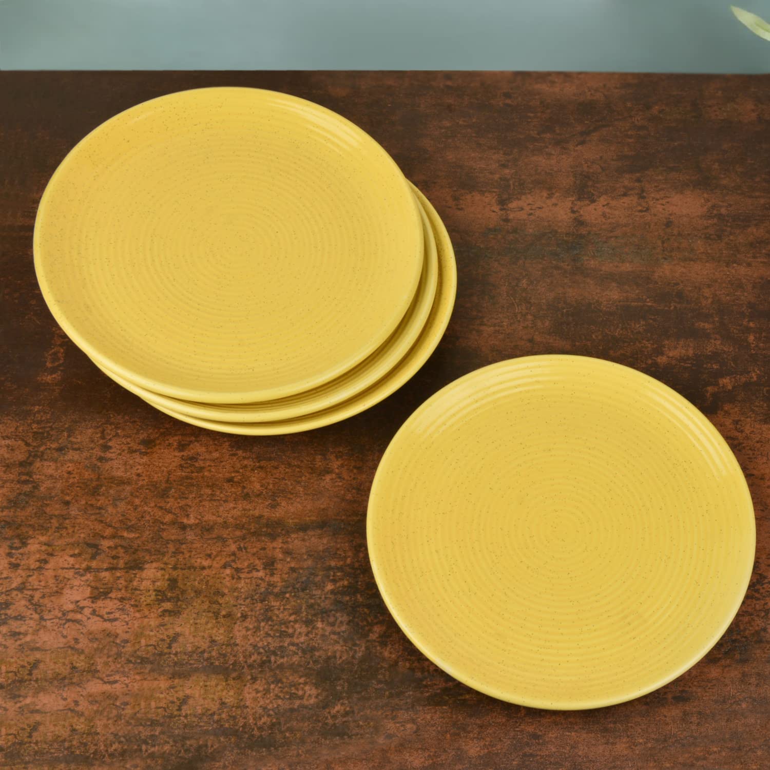 Premium Ribbed Ceramic Dinner Serving Plates Set Of 4 - Yellow, Diameter: 10 Inches | Full Plates - Golden Glow Collection