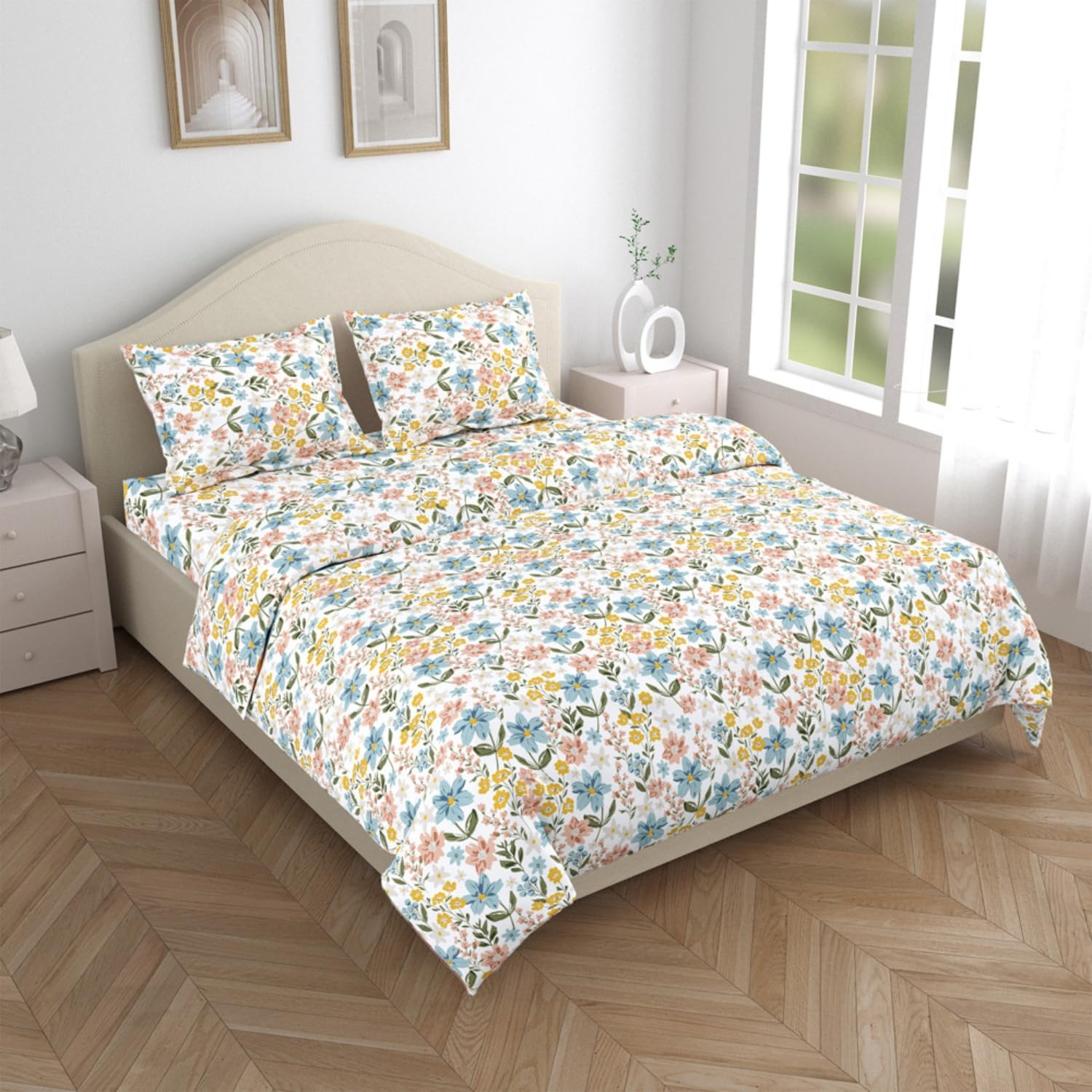 Flat Bedsheet Queen Size Bed With 2 Pillow Covers - 100 X 90 Inches, Multicolor | Soft, Breathable & Durable | Skin-Friendly & Durable