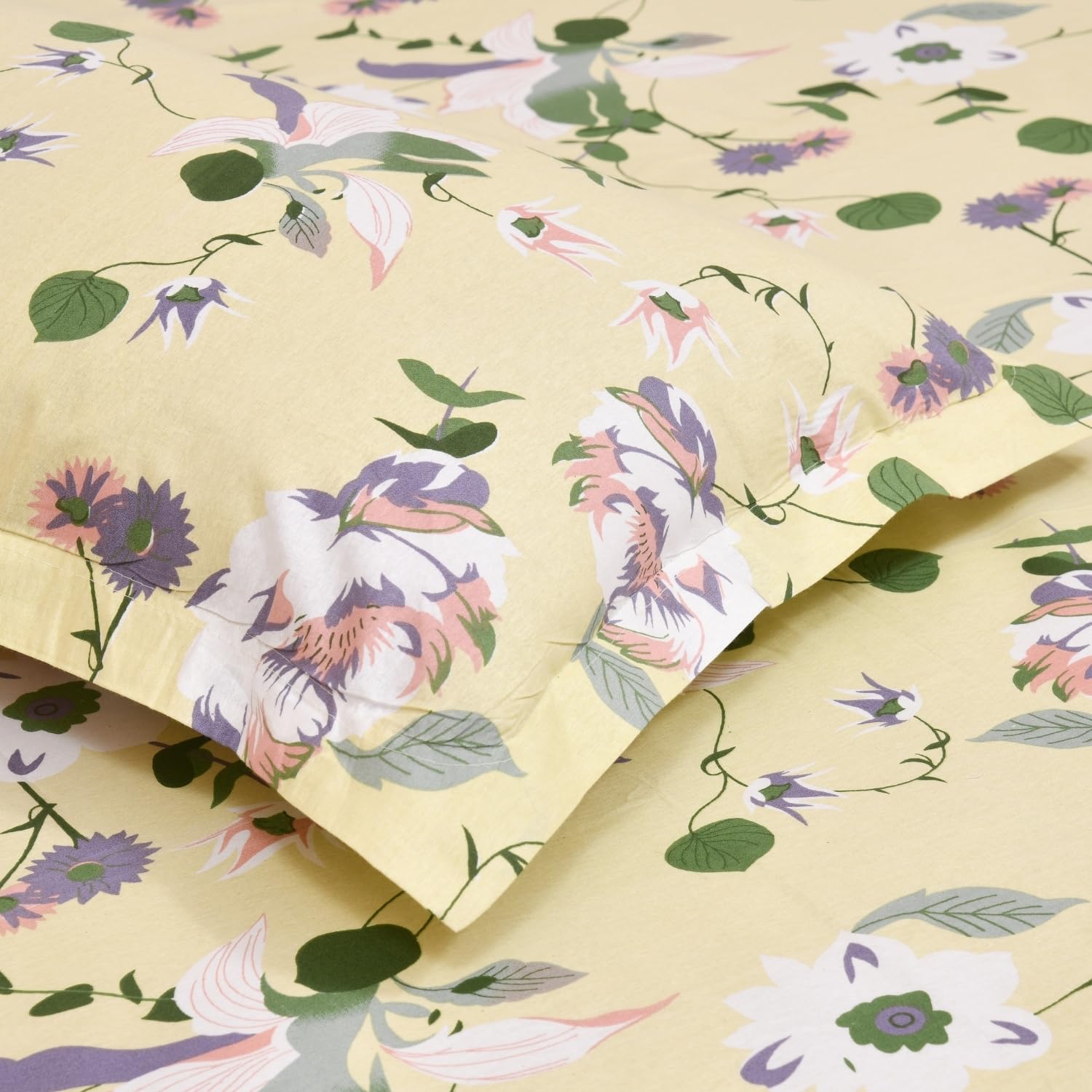 King Size Pure Cotton Floral Sheet With 2 Pillow Covers | 108 X 108 Inches, Yellow & Green | Perfect For Gifting On Weddings, Housewarmings, Or Anniversaries
